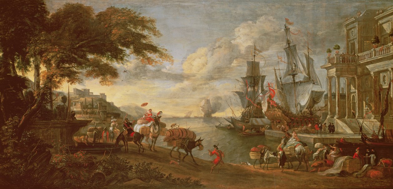 Uitzicht op een haven in het Oosten door Hendrik van Minderhout
