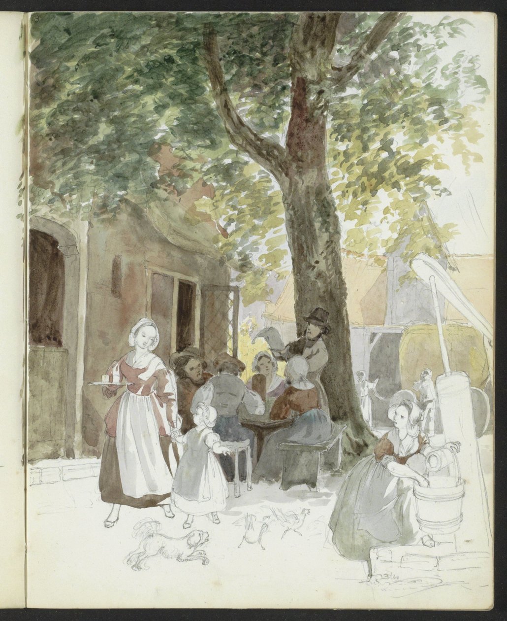 Dorpsstraat met een waterput en figuren door Hendrik Abraham Klinkhamer