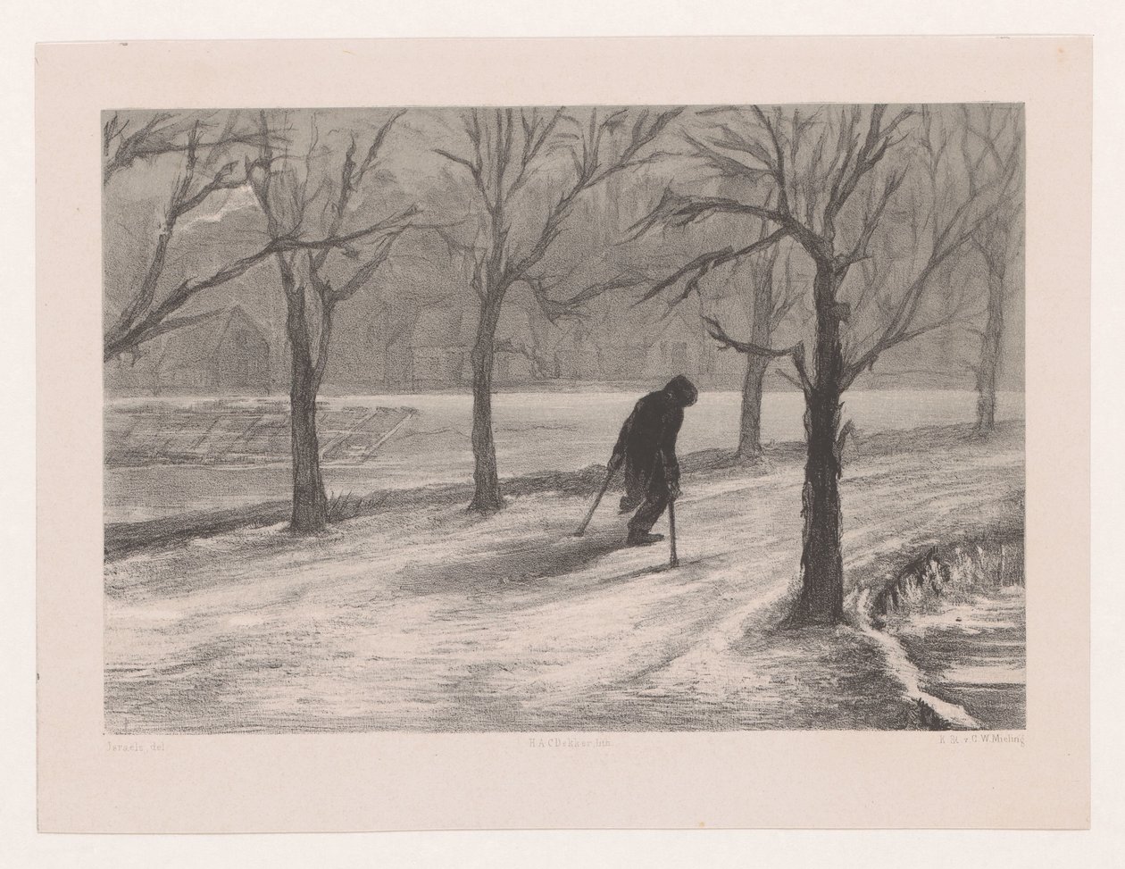 Man op krukken in een winterlandschap door Hendrik Adriaan Christiaan Dekker