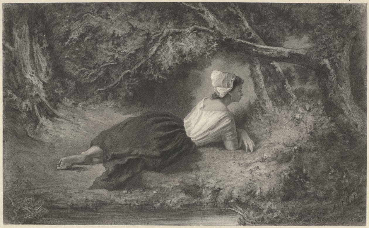 Meisje, liggend onder bomen bij een water door Hendrik Adriaan Christiaan Dekker