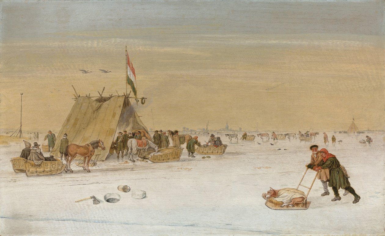 Een Winterlandschap met Figuren op het IJs bij een koek-en-zopie tent door Hendrik Avercamp