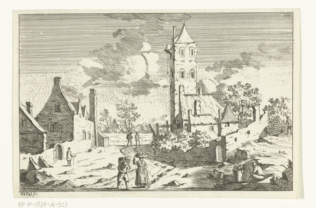 Dorpsgezicht met huizen en toren aan zandweg met figuren door Hendrik Berg