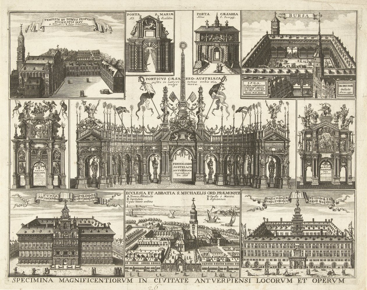 Blad met tien voorstellingen van de intocht van de Kardinaal Infant Ferdinand te Antwerpen, 1635 door Hendrik Causé