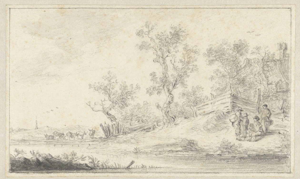 Landschap met een groep van vier personen, links vee door Hendrik Chalon