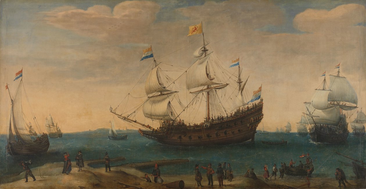 Een aantal Oost-Indiëvaarders voor de kust (De Mauritius en andere Oost-Indiëvaarders varen uit het Marsdiep) door Hendrick Cornelisz. Vroom
