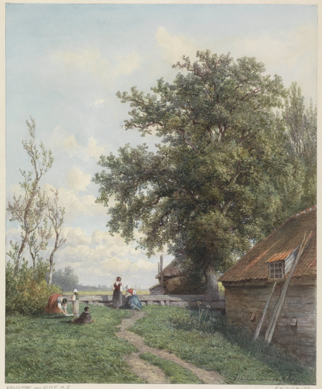 Boerenerf met enige figuren, rechts een schuur en grote boom door Hendrik Dirk Kruseman van Elten