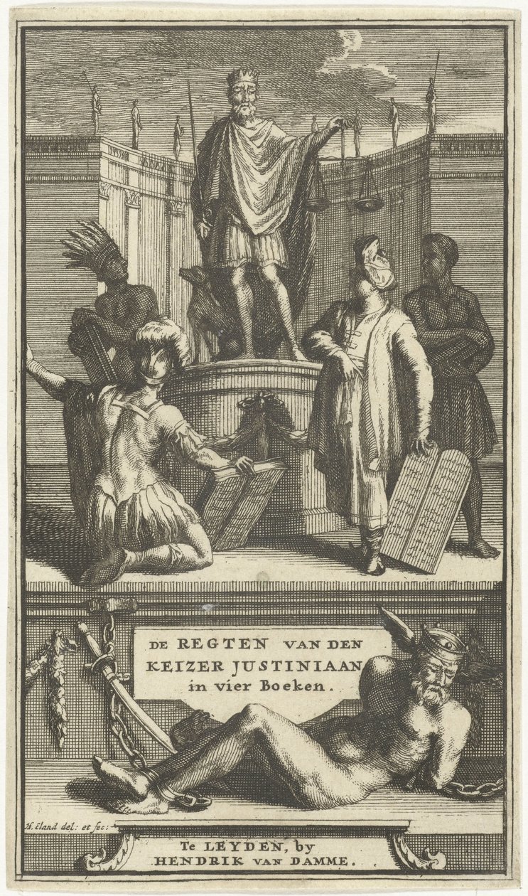 Titelpagina voor De regten van den keizer Justiniaan, Leiden, 1705 door Hendrik Elandt
