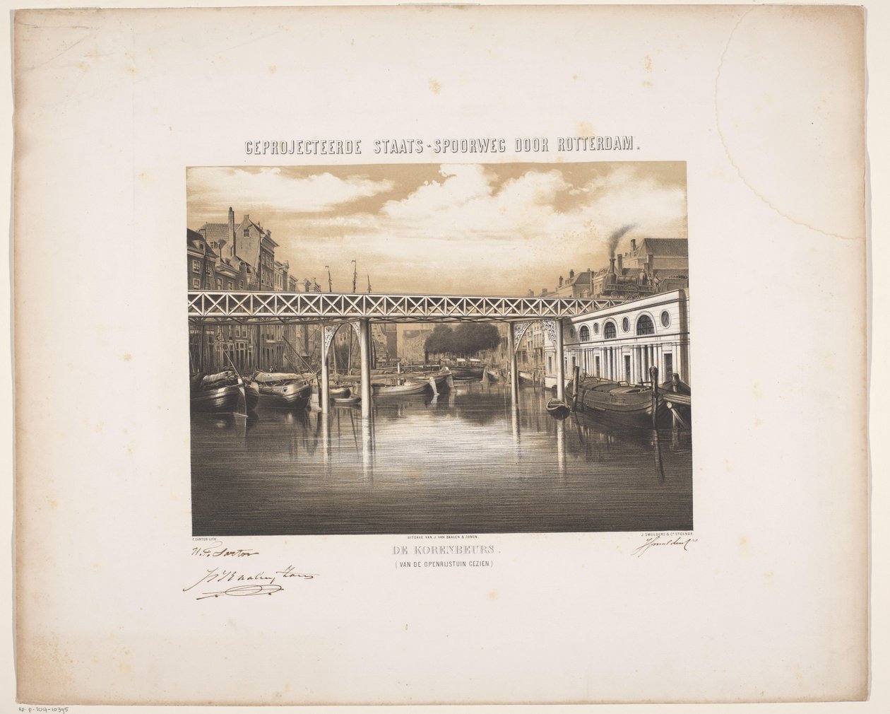 Gezicht op de Korenbeurs in Rotterdam met toekomstvisie van een spoorlijn door Hendrik Frederik Sartor