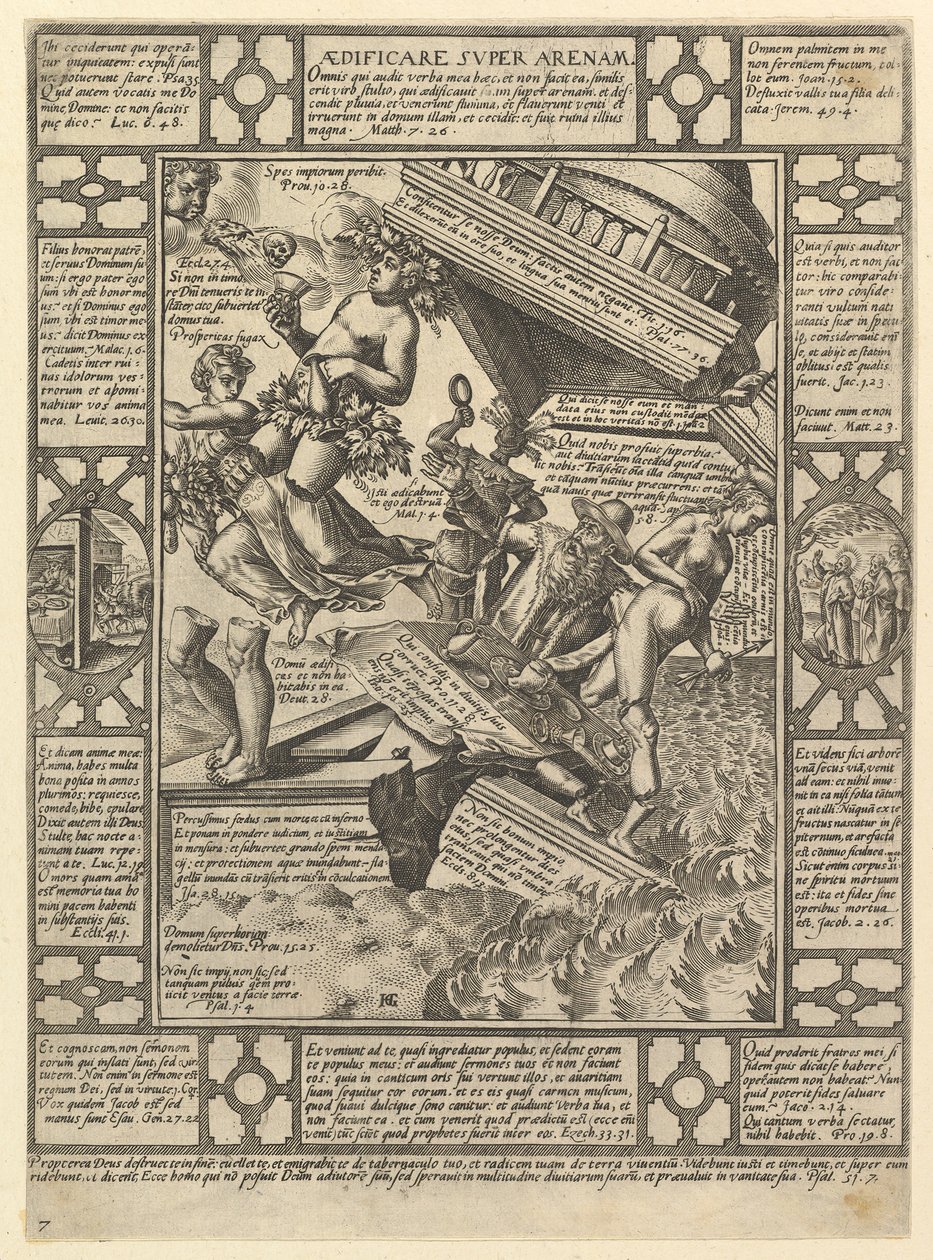 Aedificare Super Arenam, uit Allegorieën van het christelijk geloof, uit Christian and P..., 1575-1617 door Hendrik Goltzius