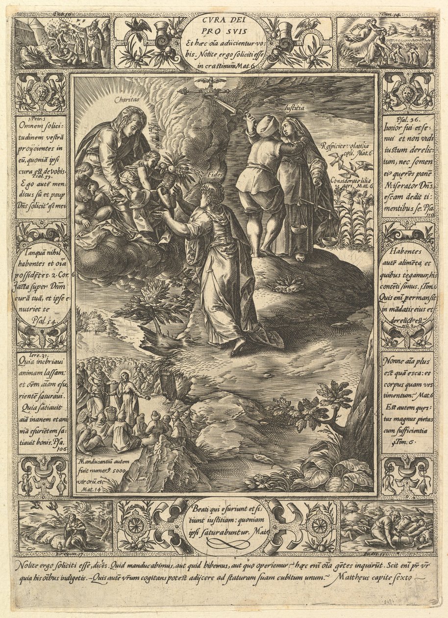 Cura Dei Pro Suis, uit Allegorieën van het Christelijk Geloof, uit Christelijke en Profane Allegorieën door Hendrik Goltzius