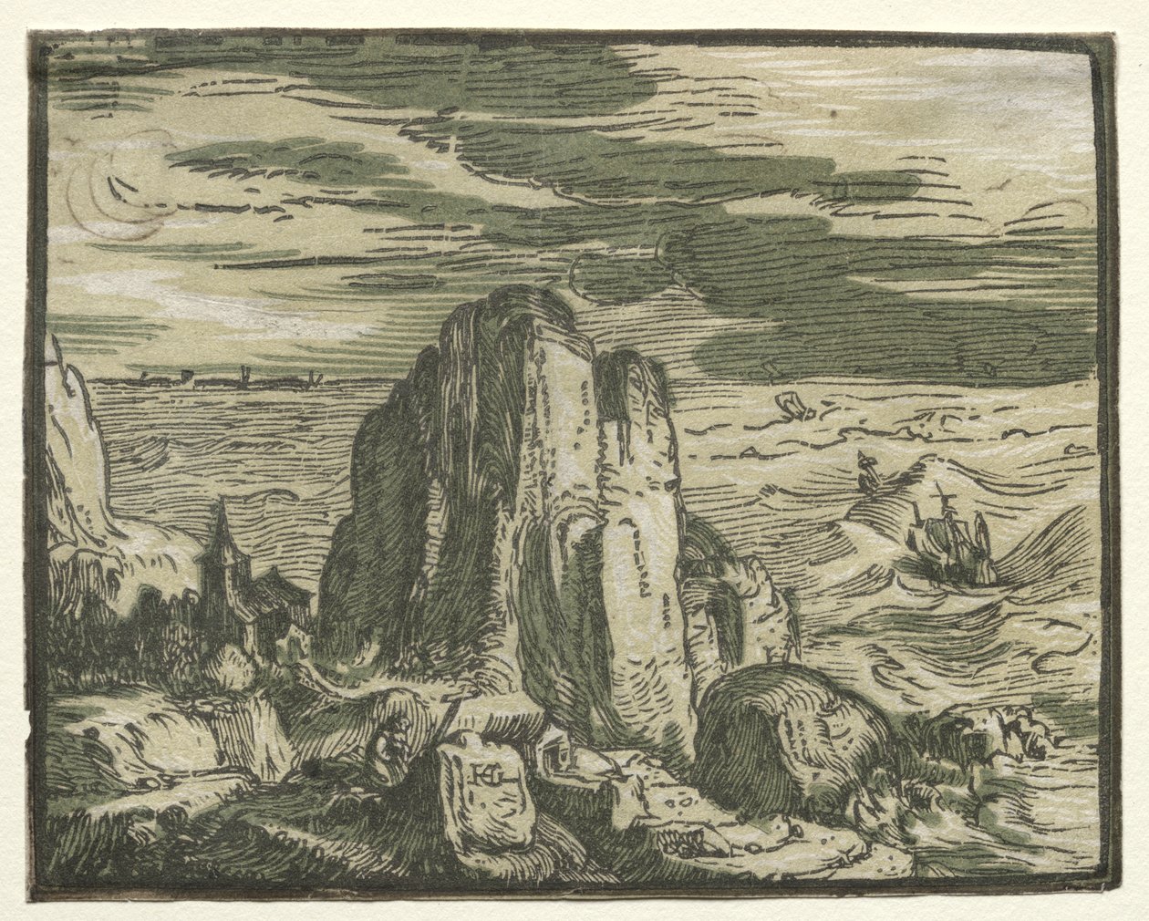 Van een set van 4 landschappen: Klif aan de kust door Hendrik Goltzius