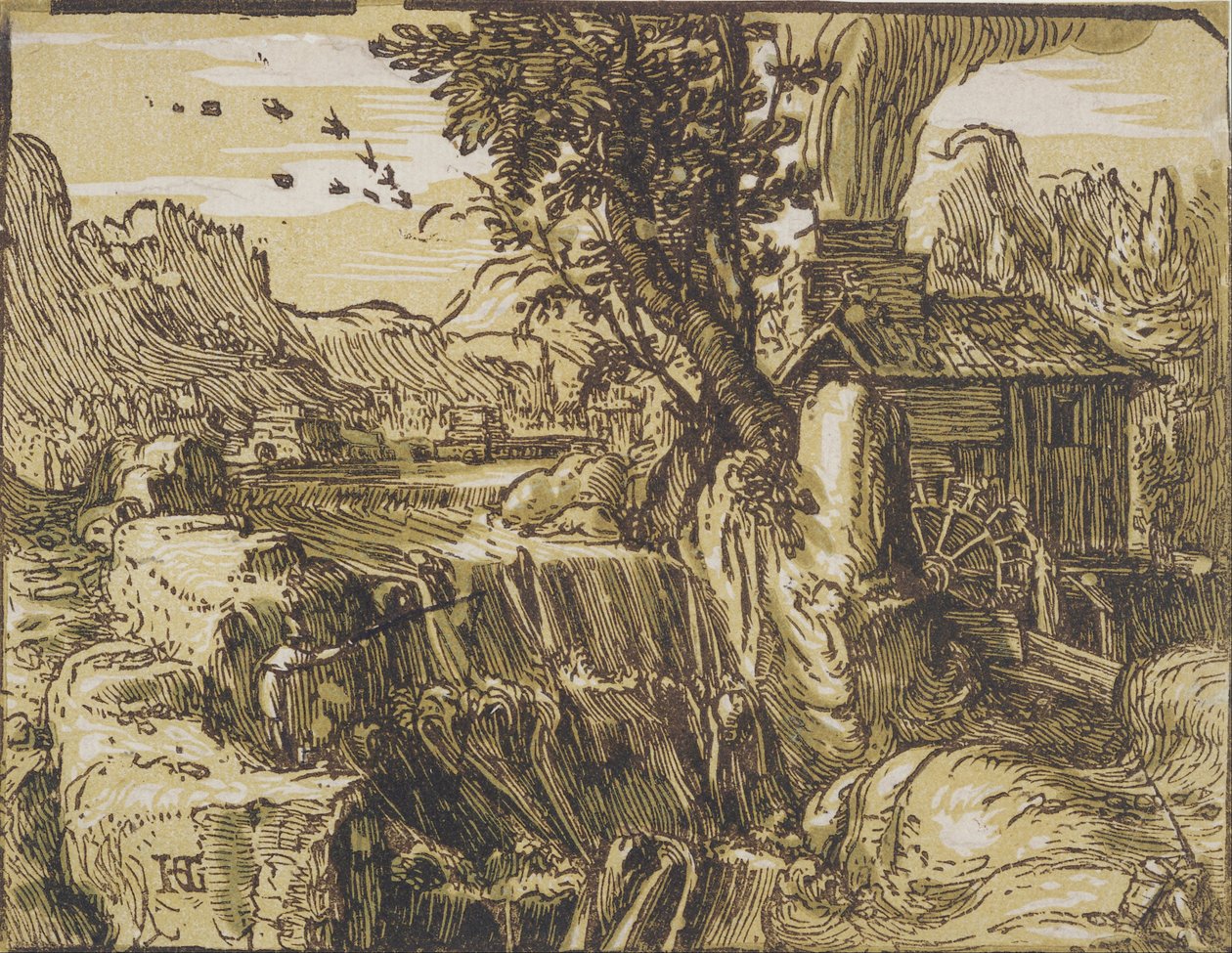 Landschap met waterval door Hendrik Goltzius
