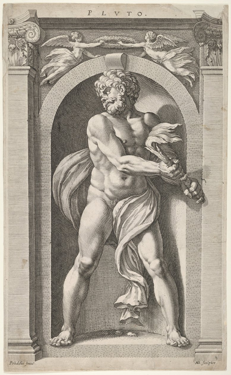 Pluto, op de keerzijde schetsen van een figuur, vier hoofden en een kolom door Hendrik Goltzius