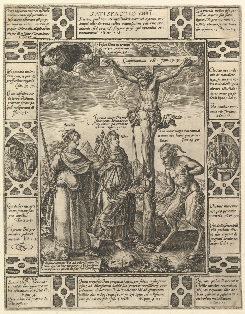 Satisfactio Christi, uit Allegorieën van het christelijk geloof, uit Christelijke en profane allegorieën door Hendrik Goltzius