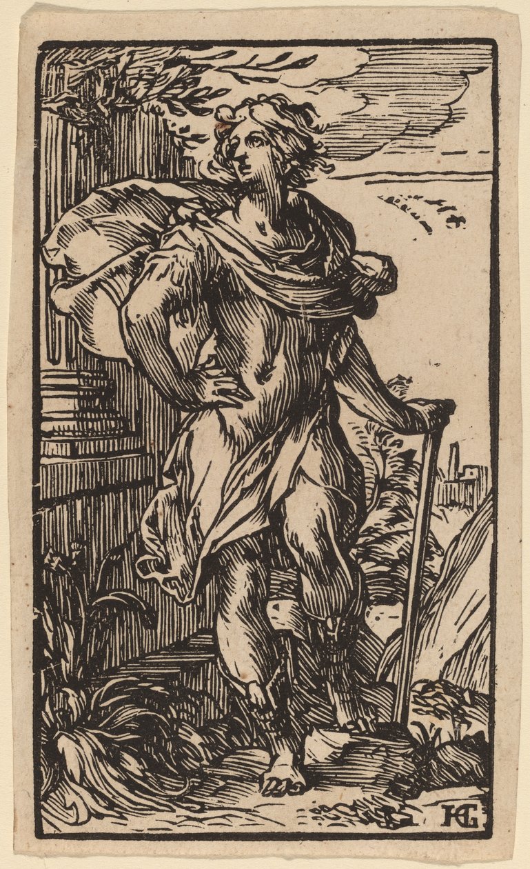 Staande jonge man met een wandelstok door Hendrik Goltzius