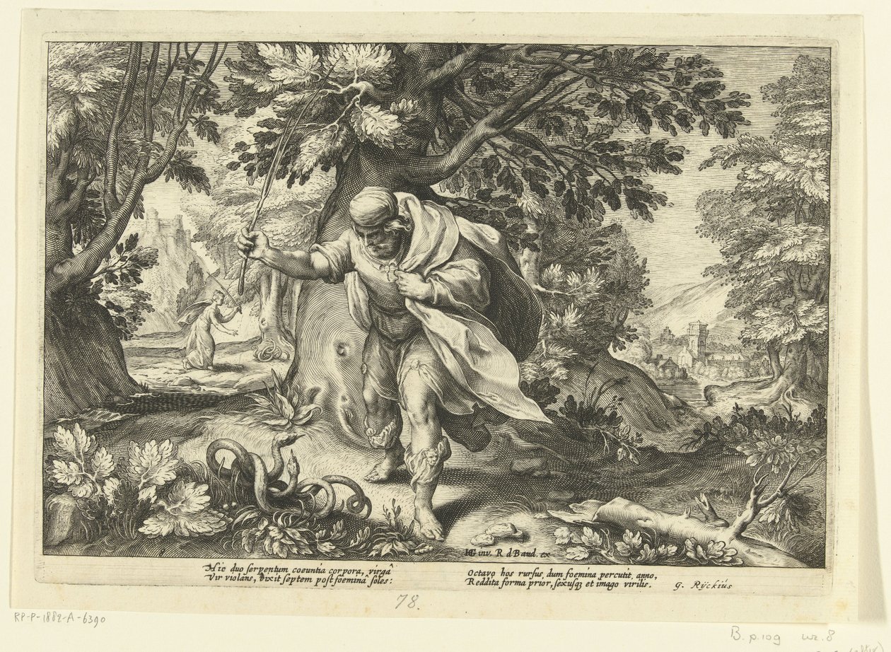 Teiresias slaat twee parende slangen, uit Ovidius