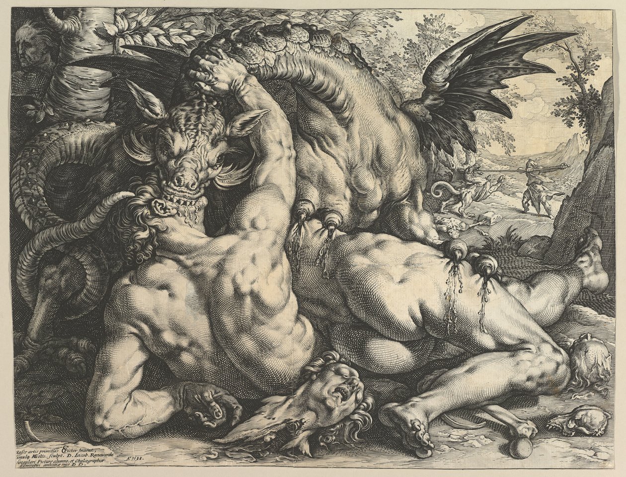 De draak die de metgezellen van Cadmus verslindt door Hendrik Goltzius