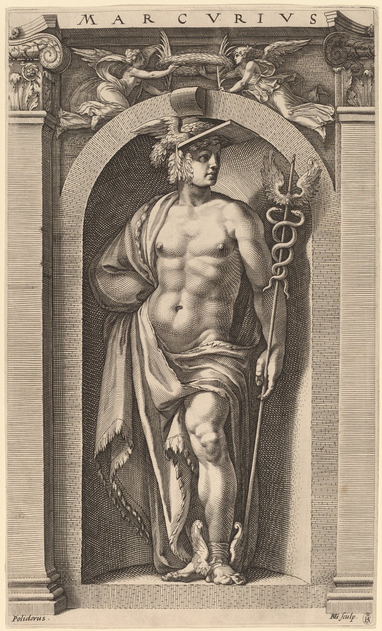 Mercurius door Hendrik Goltzius after Polidoro da Caravaggio