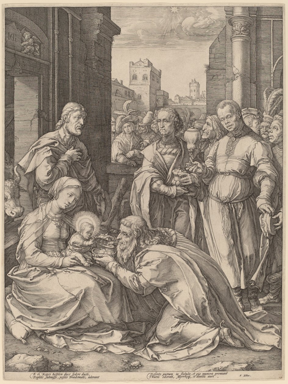 De aanbidding der wijzen door Hendrik Goltzius in the style of Lucas van Leyden