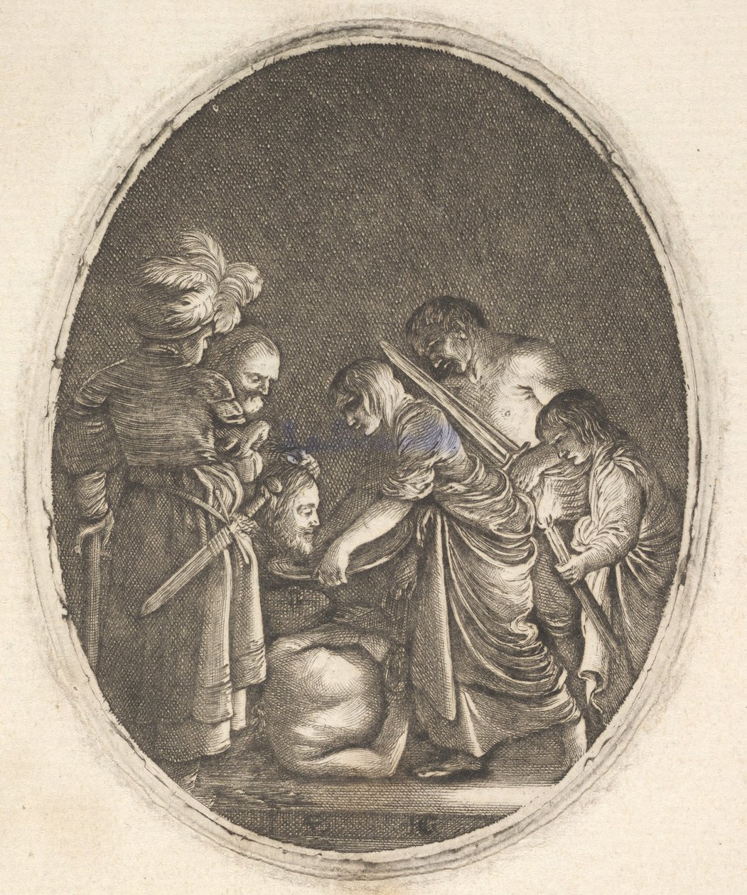 Salome ontvangt het hoofd van Johannes de Doper, omringd door drie mannen en een kind..., ca. 1610 door Hendrik Goudt