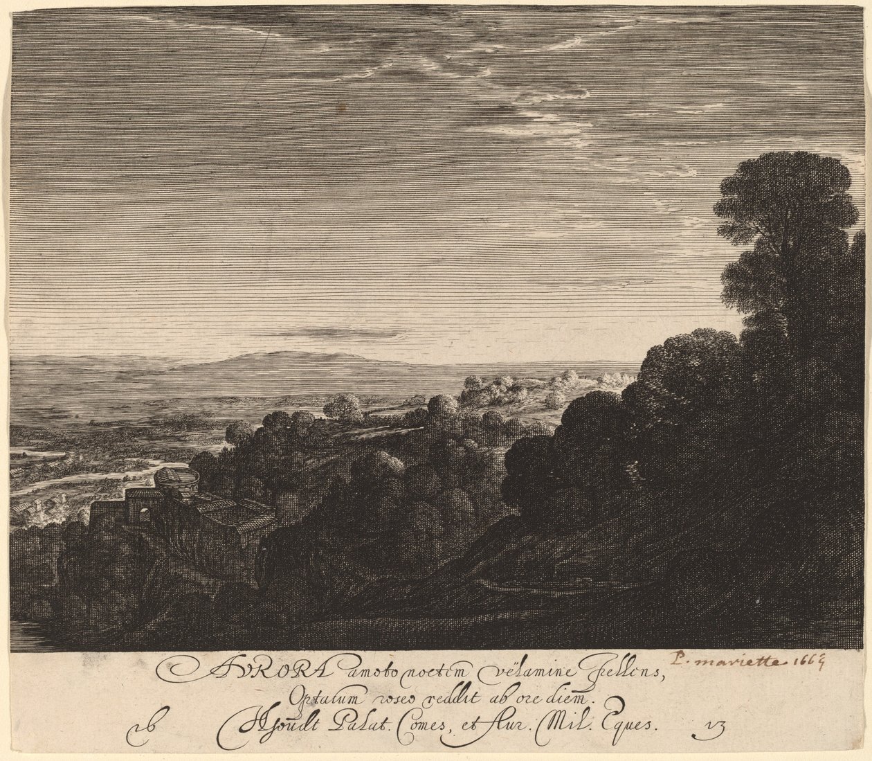 Landschap bij Dageraad: Aurora door Hendrik Goudt after Adam Elsheimer