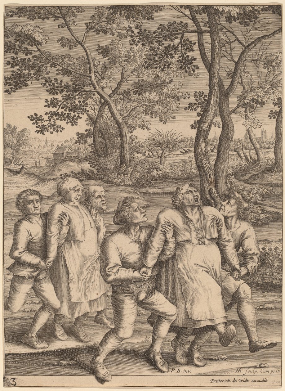 Epileptici lopen naar rechts door Hendrik Hondius I after Pieter Bruegel the Elder