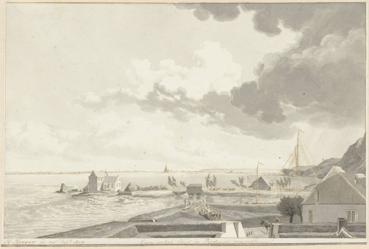 De ondergelopen Ooijpolder met in de verte Persingen, 1809 door Hendrik Hoogers (signed by artist)