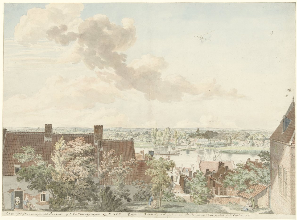 Gezicht te Nijmegen met een veer over de rivier door Hendrik Hoogers