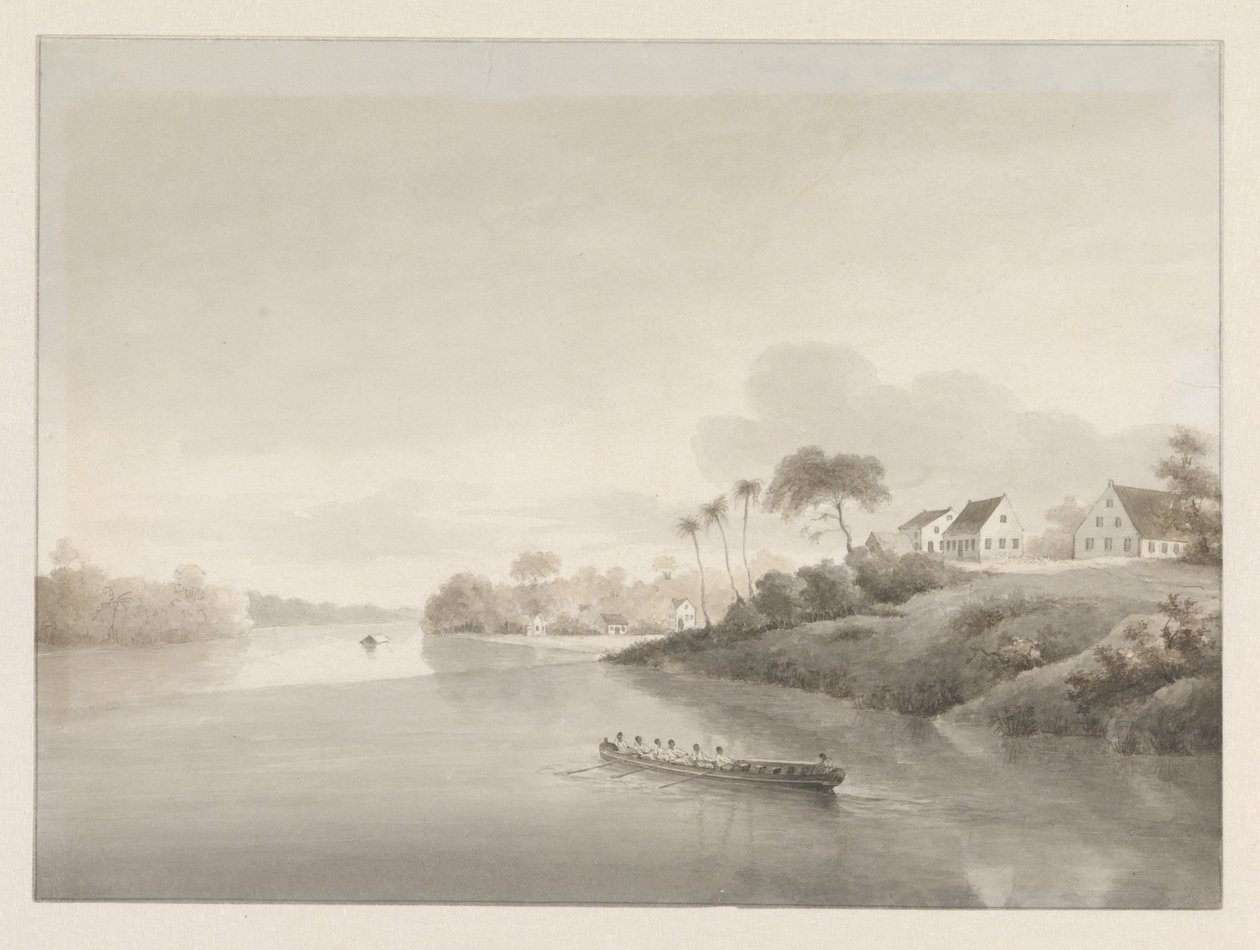Gezicht op een aantal huizen aan een rivier, mogelijk de Jodensavanne door Hendrik Huygens