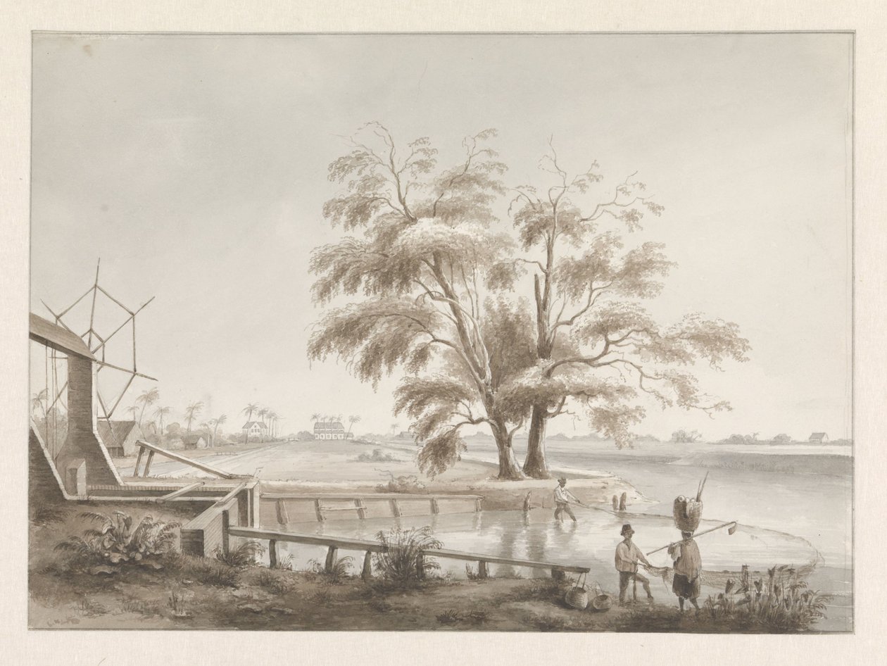 Gezicht op een plantage met links een sluis door Hendrik Huygens