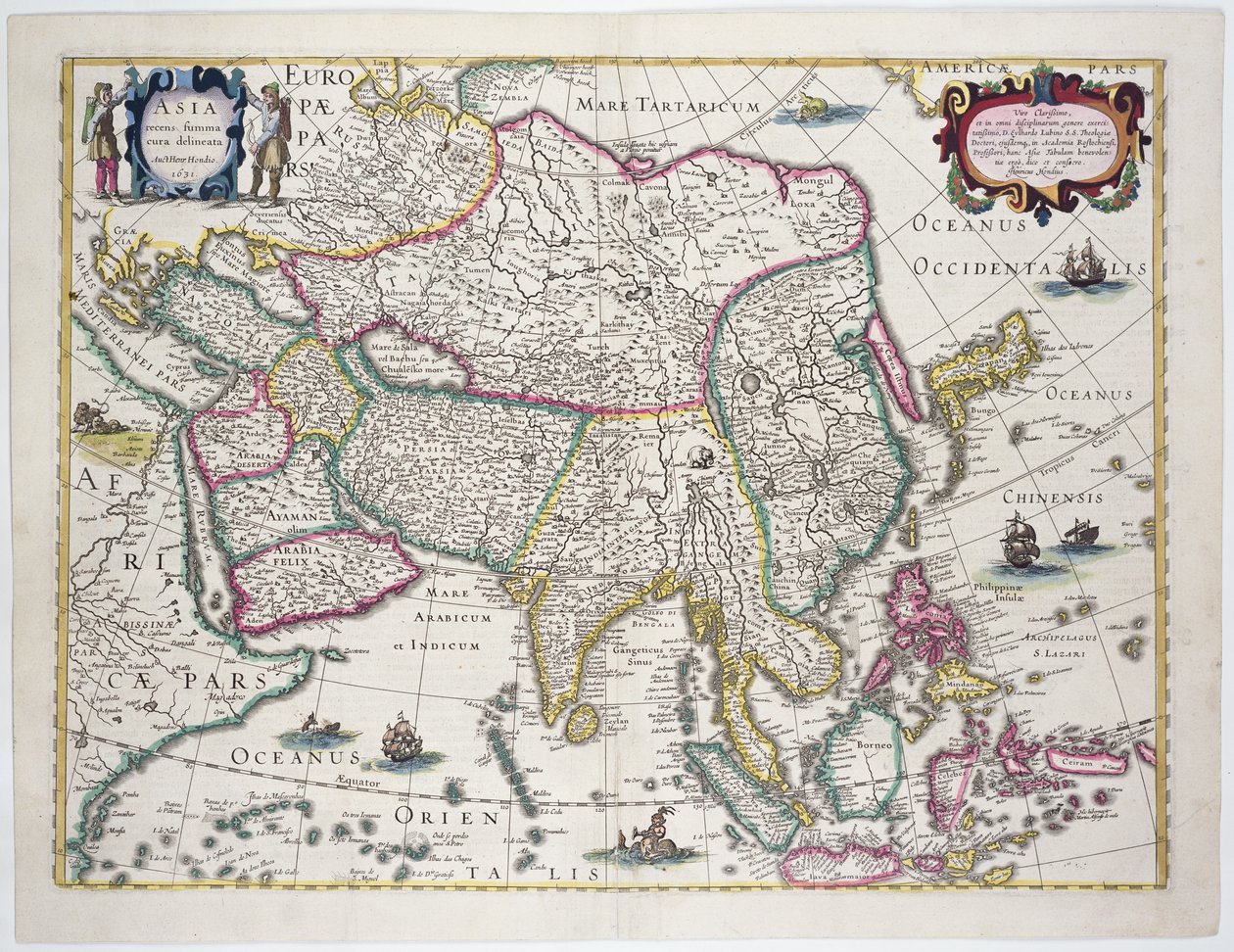 Algemene kaart inclusief Arabië, Japan, het Koreaanse schiereiland en het grootste deel van de Indonesische archipel, 1631 door Hendrik I Hondius