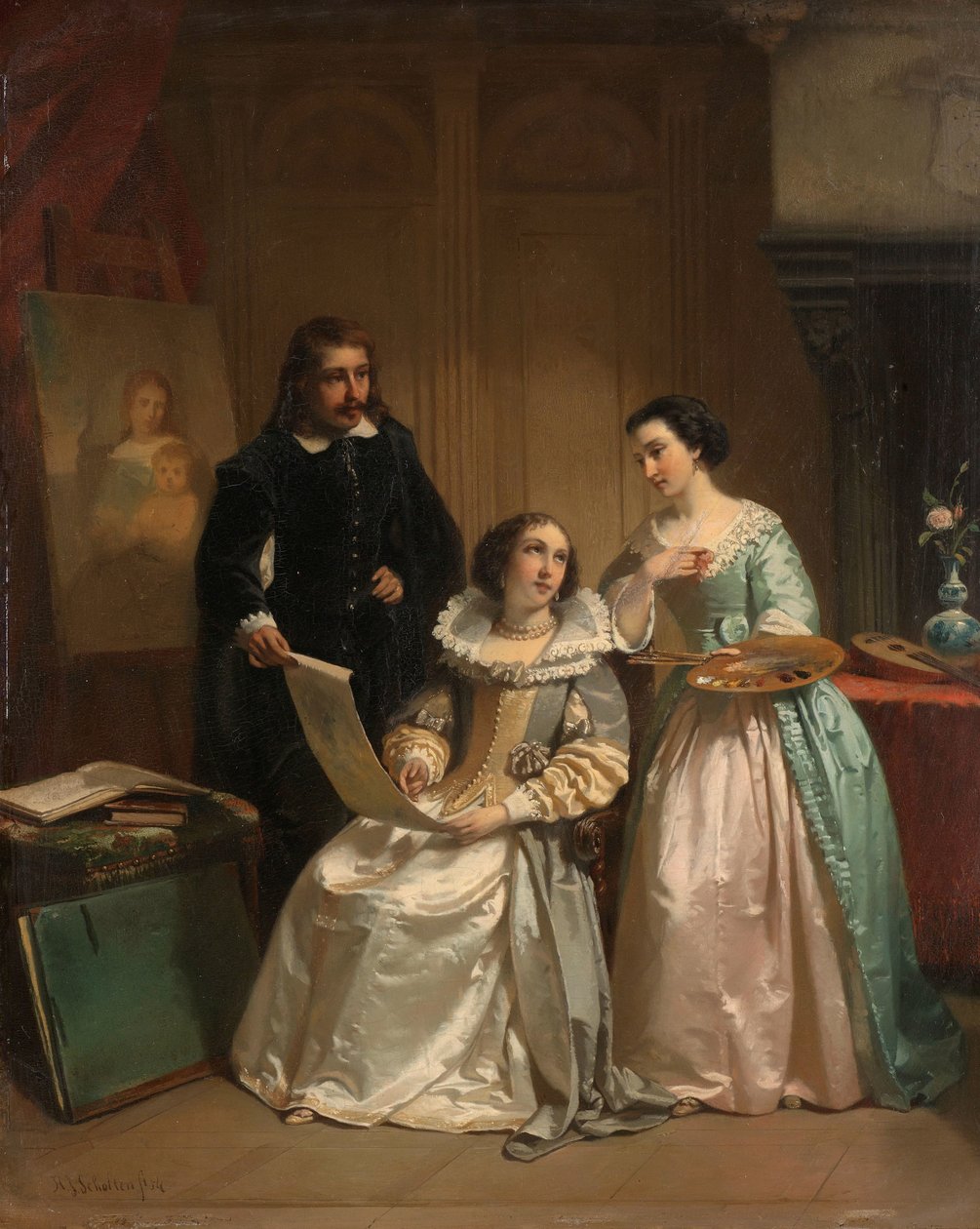 Gerard van Honthorst toont de tekeningen van zijn leerling Louise van Bohemen aan Amalia van Solms door Hendrik Jacobus Scholten