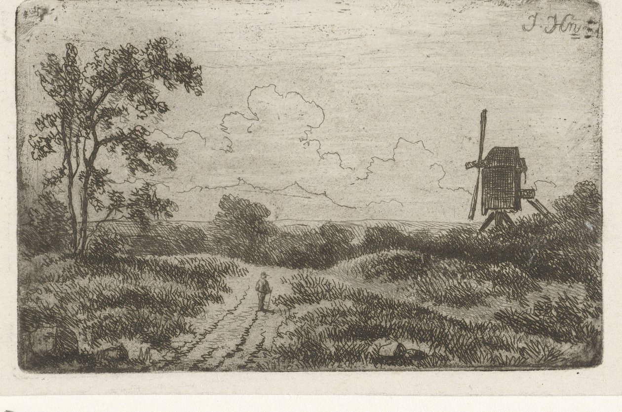 Figuur op een weg bij een molen door Hendrik Jan Hein