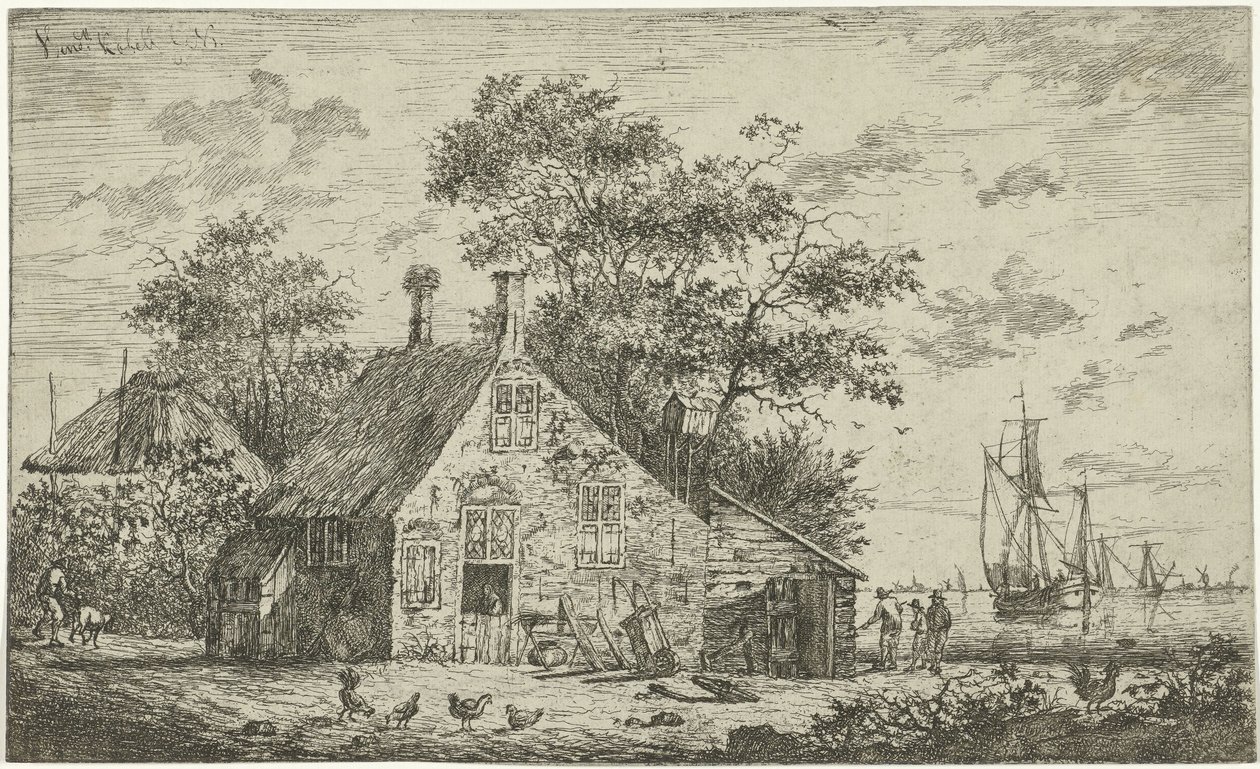 Boerderij aan een rivier door Hendrik Kobell