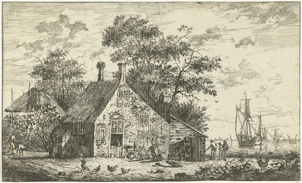 Boerderij aan een rivier door Hendrik Kobell