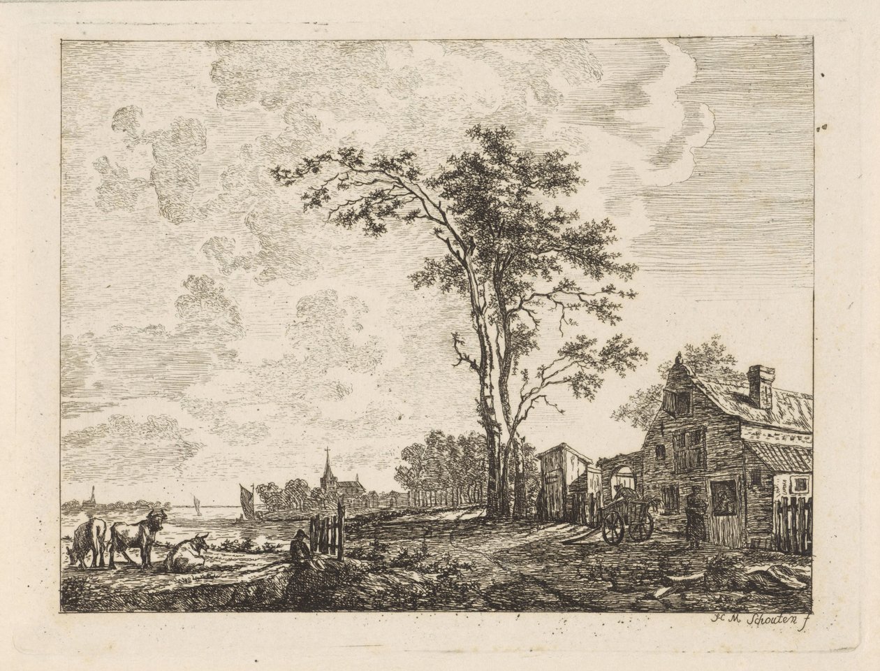 Landschap met huis aan een rivier door Hendrik Marcus Schouten