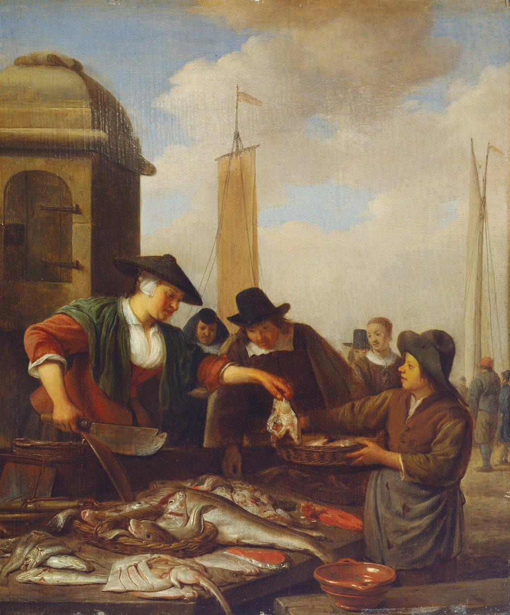Een viskraam bij een haven door Hendrik Martensz Sorgh