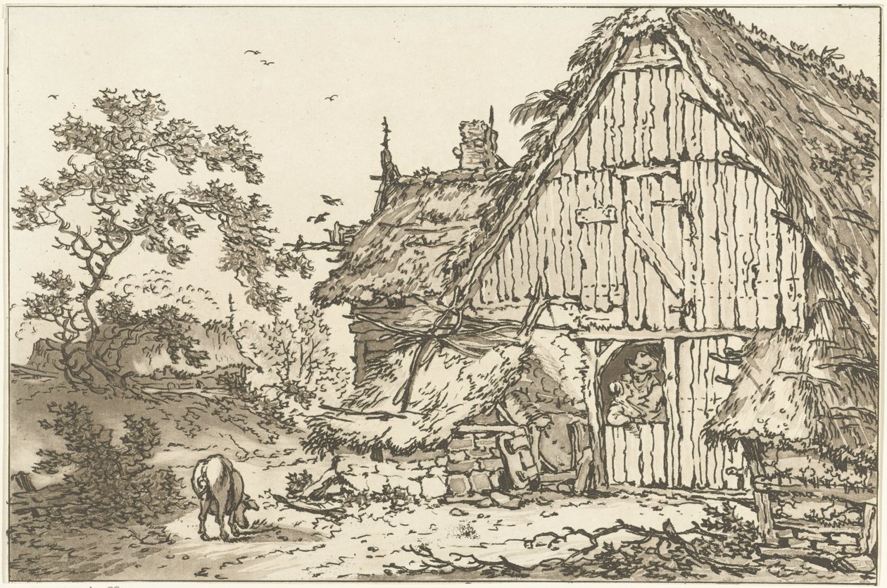 Boerderij met twee mensen in de deuropening Twelve designs Calculated for the Use of those who are Learning to Draw Landscape (series title) door Hendrik Meijer