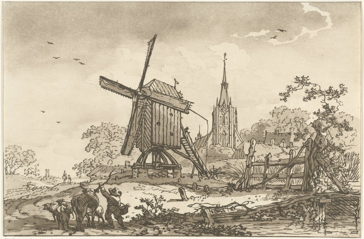 Landschap met een windmolen en een kerk (Twelve designs Calculated for the Use of those who are Learning to Draw Landscape) door Hendrik Meijer