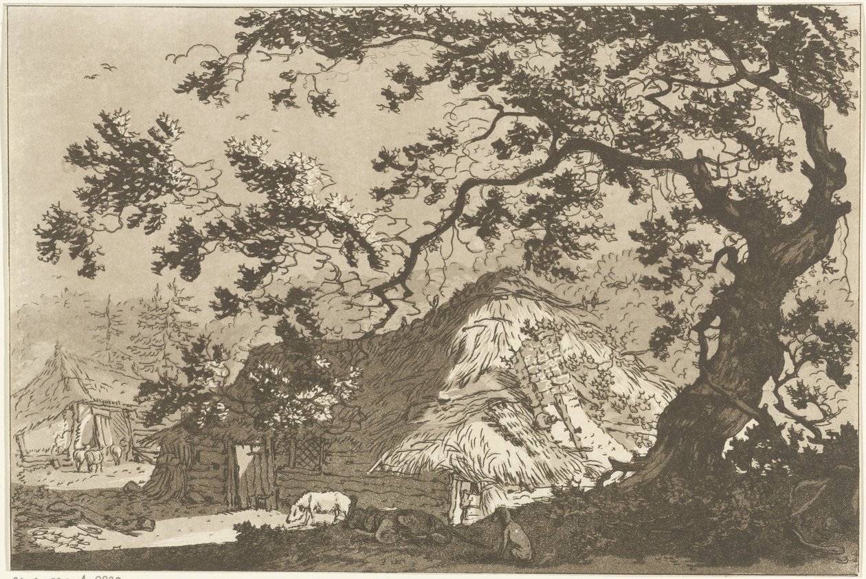 Landschap met twee boerderijen door Hendrik Meijer