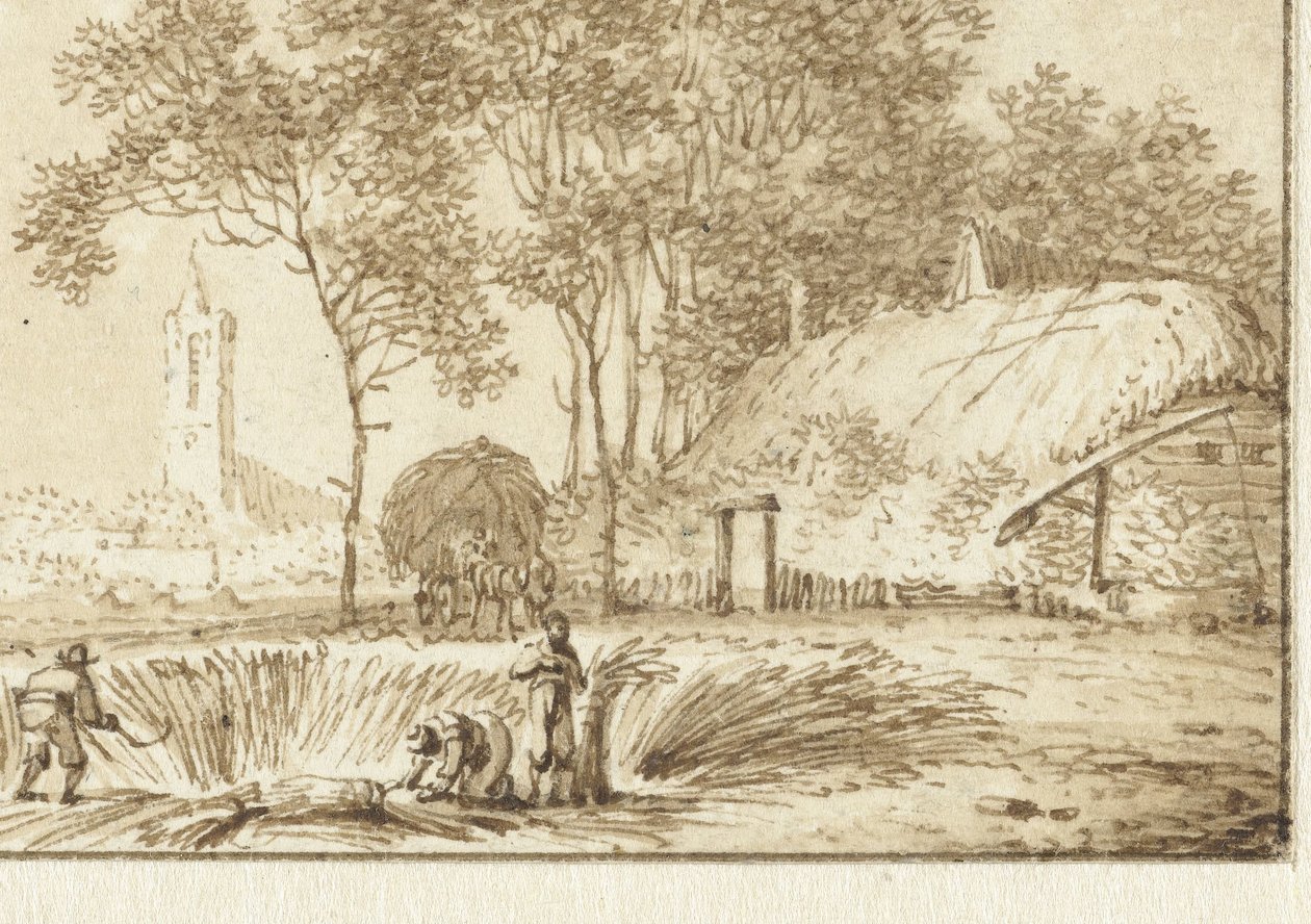 Maaiers bij een boerenhoeve door Hendrik Meijer