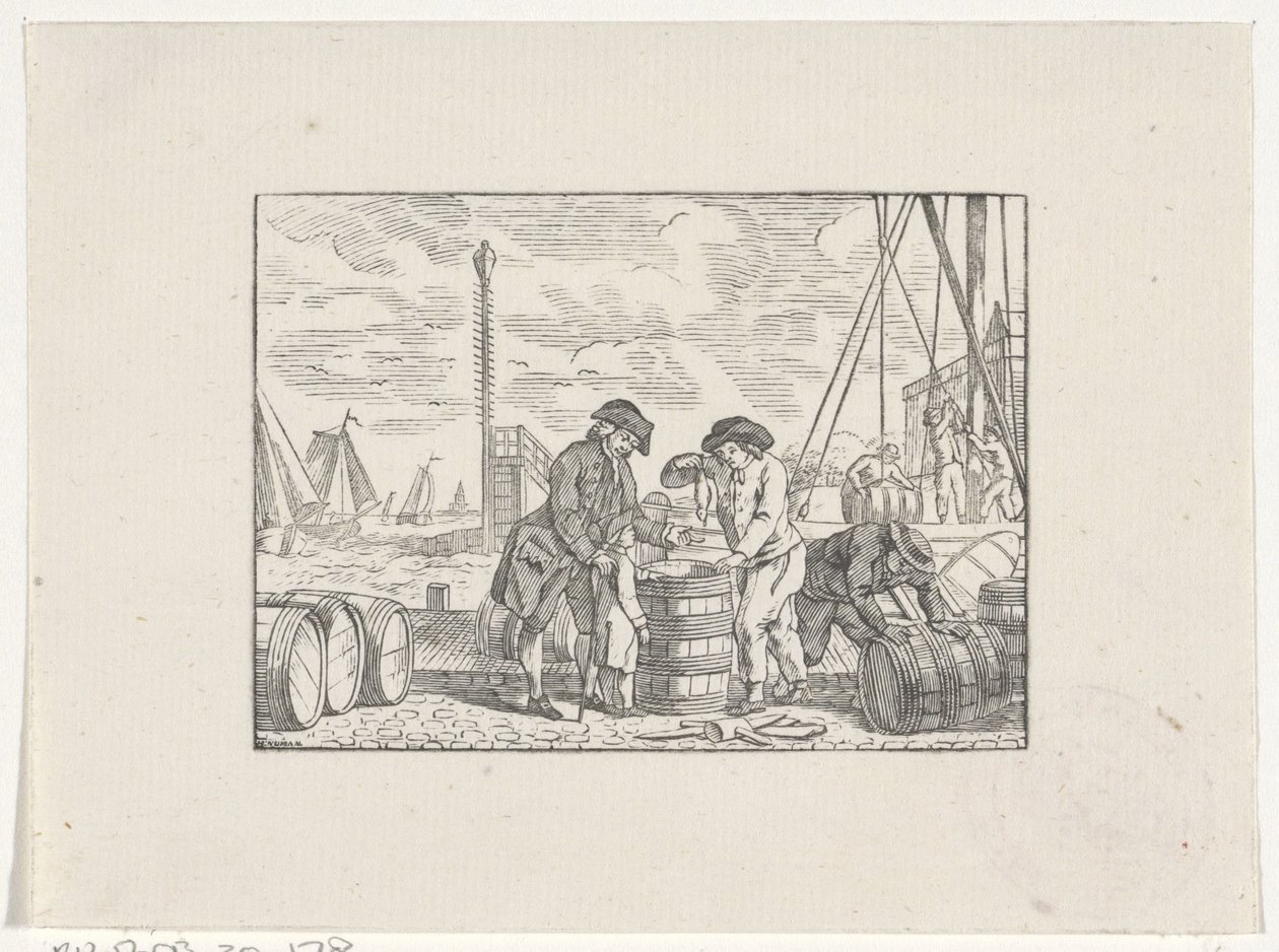 Mannen op een kade met tonnen vis aan het werk door Hendrik Numan