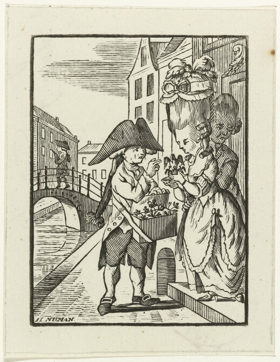 Straatverkoper van haardecoratie met twee klanten door Hendrik Numan