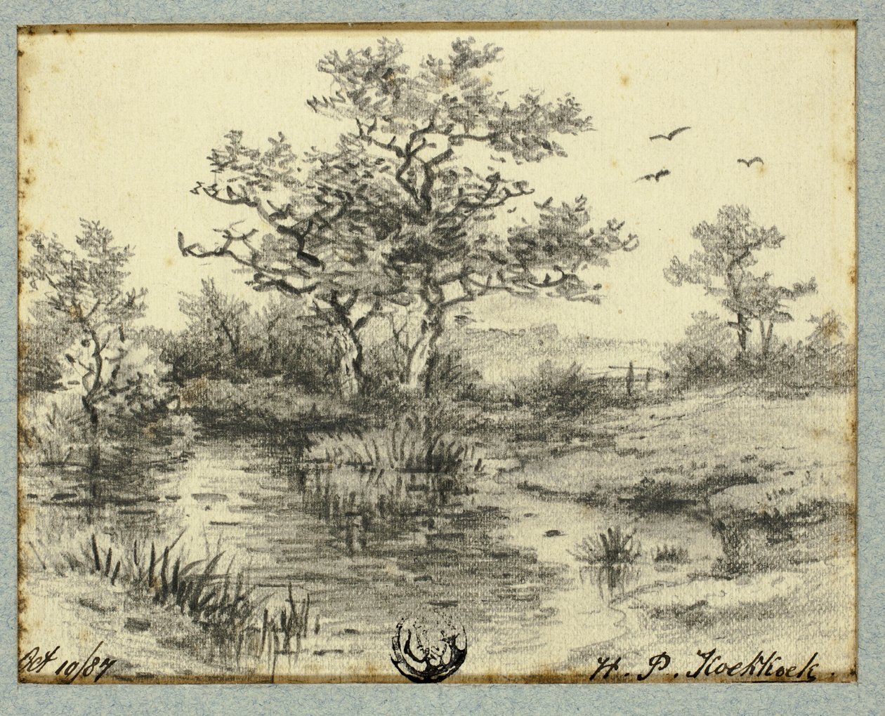 Bomen bij vijver door Hendrik Pieter Koekkoek