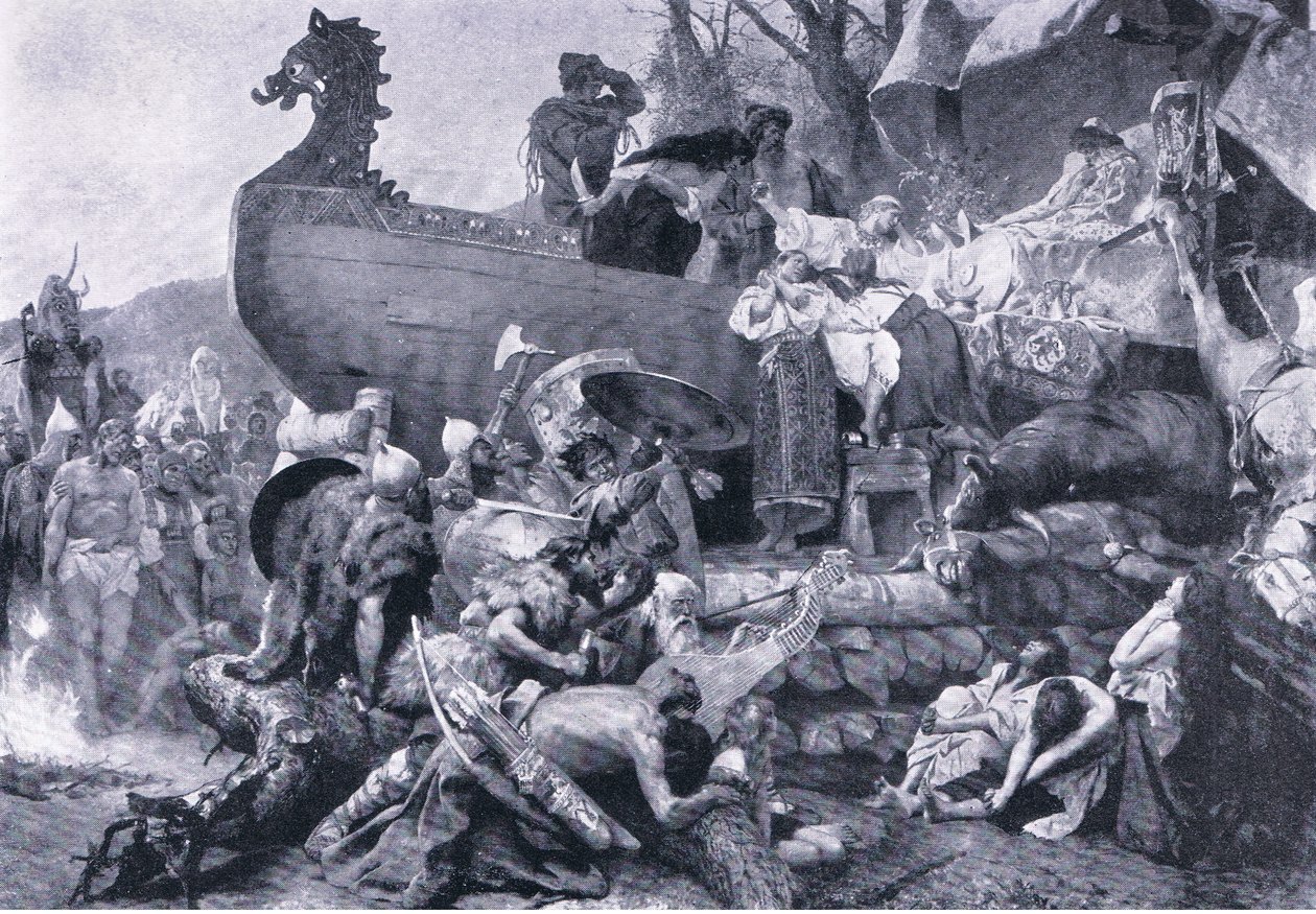 Crematie van een hoofdman in Oost-Rusland, tiende eeuw, illustratie uit Landmarks in European History gepubliceerd door Gresham Publishing Co, ca. 1920 door Henryk Siemiradzki