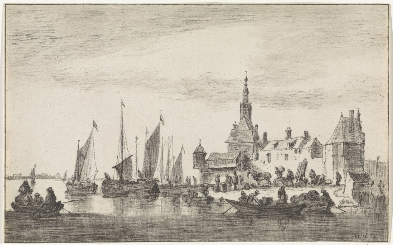 Riviergezicht met handelaren aan een oever bij huizen door Hendrik Spilman