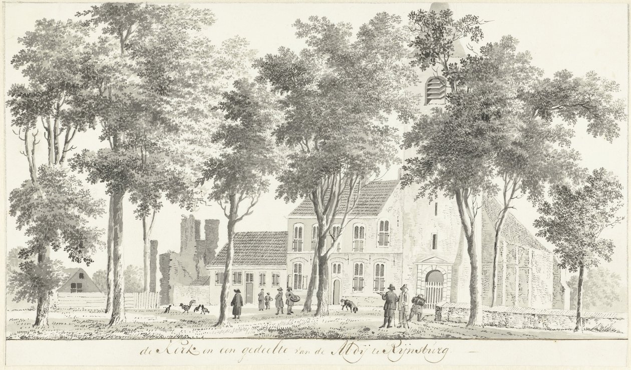 Kerk en gedeelte van de ruïne van de Abdij te Rijnsburg door Hendrik Tavenier