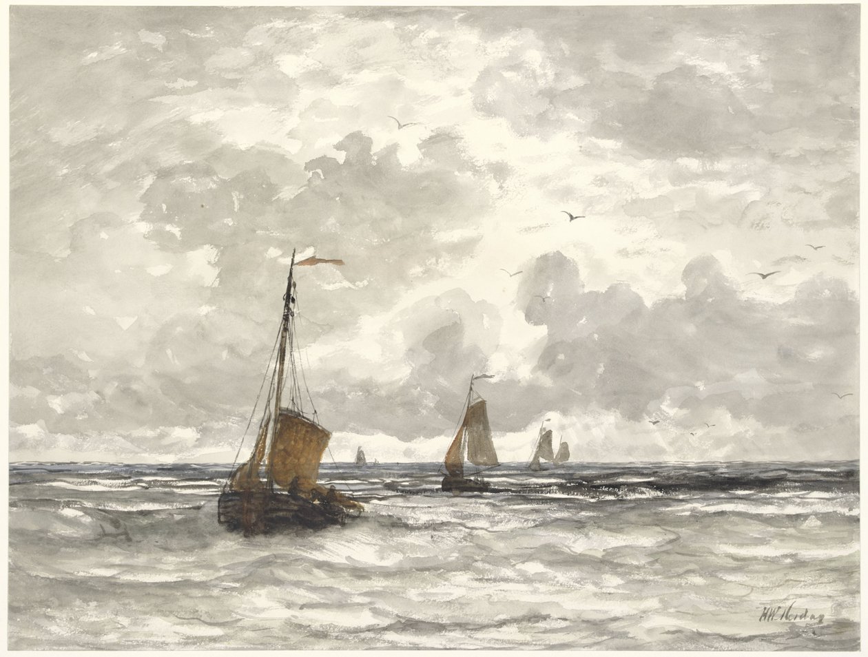 Vissersboten op de golven door Hendrik Willem Mesdag