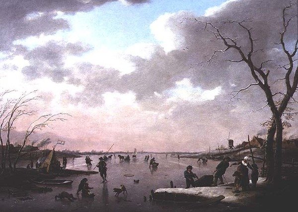 Winters tafereel, figuren op het ijs door Hendrik Willem Schweickhardt