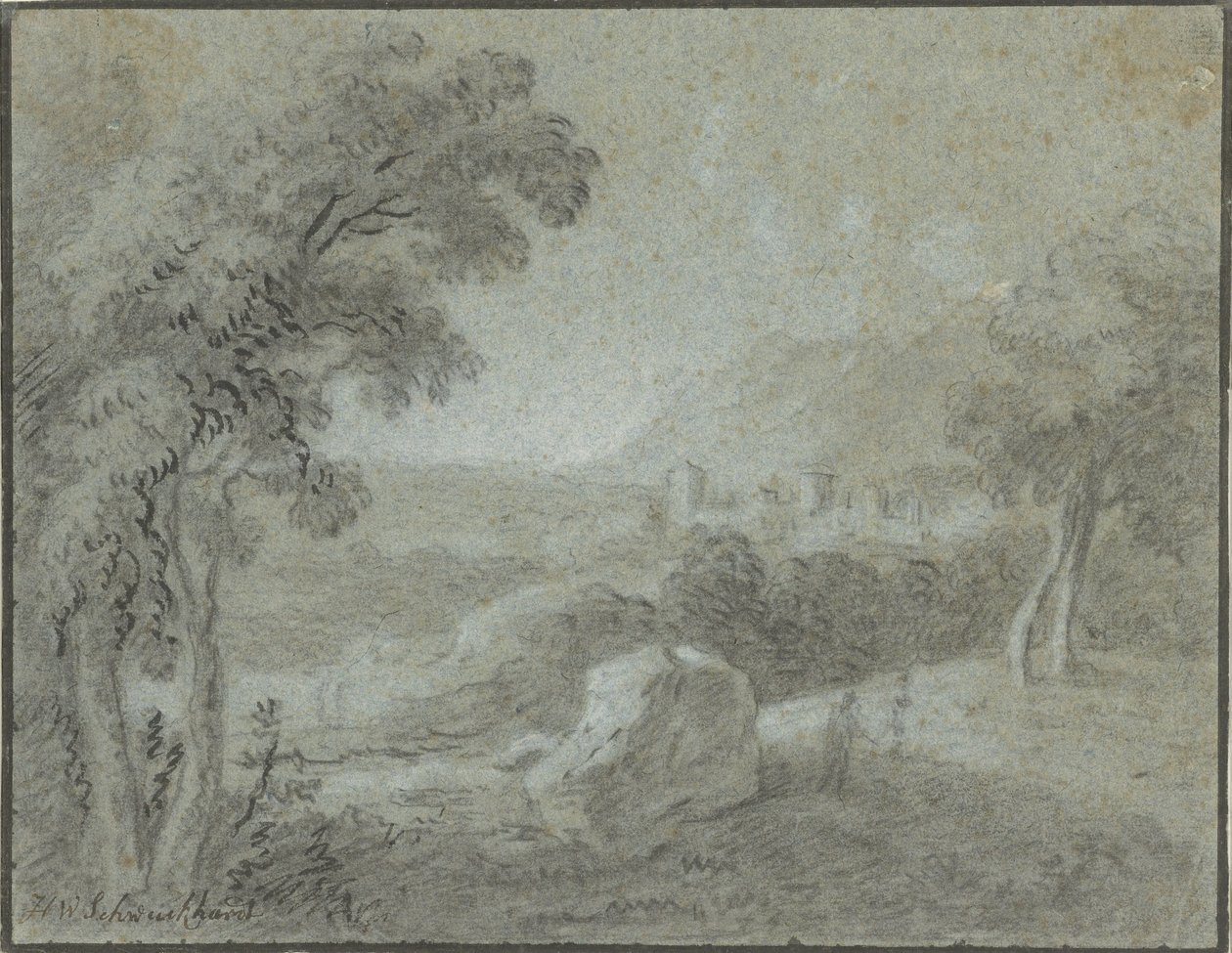 Zuidelijk heuvellandschap met een stad in het verschiet door Hendrik Willem Schweickhardt